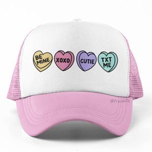 🆕Conversation Candy Hearts Foam Trucker Hat Mesh Snapback Cap Light Pink/White